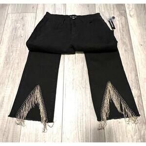 NWT Juliette, Black  Women's Denim Jeans With Chain Fringe Detail, Size 8